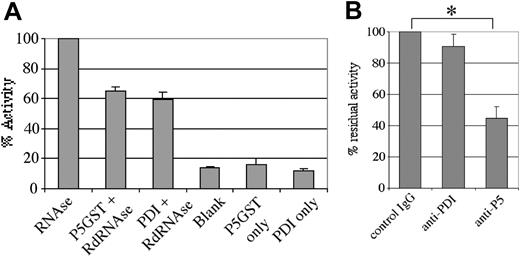 Figure 3. Thiol isomerase activity of human ERP5. Thiol isomerase activity was assessed as the ability to refold denatured, scrambled RNAse and enhance the degradation of cyclic 2′,3′-cytidine monophosphate, as followed by ultraviolet/visible (UV/vis) spectroscopy. (A) Activity was observed for a recombinant ERP5 fusion protein (21 μg/mL) and a recombinant PDI fusion protein (11 μg/mL) relative to samples containing only cyclic 2′,3′-cytidine monophosphate (blank) or only fusion protein. (B) Anti-ERP5 polyclonal antibodies (24 μg/mL) raised in sheep were able to partially inhibit the thiol isomerase activity of a recombinant ERP5 fusion protein (30 μg/mL). Preimmune IgG (24 μg/mL) and monoclonal anti-PDI antibodies (28 μg/mL) were found to possess no such inhibitory activity. Data are presented as mean ± SE from 3 different determinations. *P < .05.