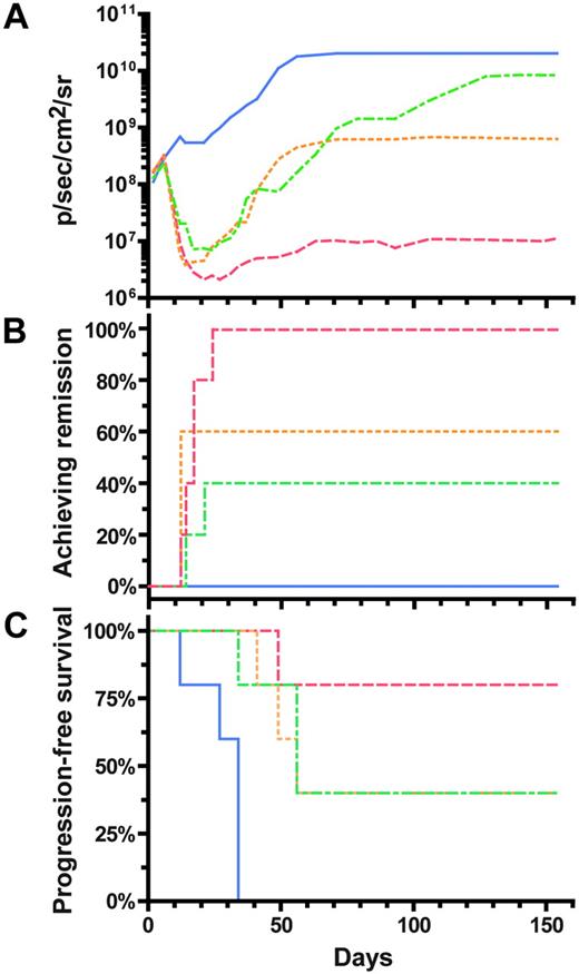 Figure 6. Adoptive immunotherapy of CD19+ tumor using MP1- and CD19-bispecific T cells and T-APCs. (A) Serial measurement of flux from tumor. Trend lines for each group were derived by smoothing the tumor flux over all mice within a group. Background flux measurements, simultaneously measured from mice without ffLuc+ tumor that received D-luciferin, was between 106 and 107 p/s per cm2/sr, as discussed in “Statistical methods to analyze biophotonic data.” Tumor flux was measured periodically, as discussed in “Biophotonic tumor imaging.” Mouse treatment groups are as described in the legend to Figure 5. Group A is represented by the solid blue line; group B, red dashed line; group C, orange dotted line; group D, green dashed and dotted line. (B) Percentage of tumor-bearing mice that achieved complete remission. Time to complete remission was calculated from the beginning of the experiment until the first date when a mouse's tumor flux measurement fell below the detection threshold. Complete remission was defined as measurable flux beneath the minimum threshold of tumor detection, estimated as 3.4 × 106 p/s per cm2/sr, as described in “Statistical methods to analyze biophotonic data.” Mouse treatment groups are as described in the legend to Figure 5. (C) Progression-free survival. The tumor was defined as progressive when tumor flux was 10 times the value recorded on day 2. Mouse treatment groups are as described in the legend to Figure 5.