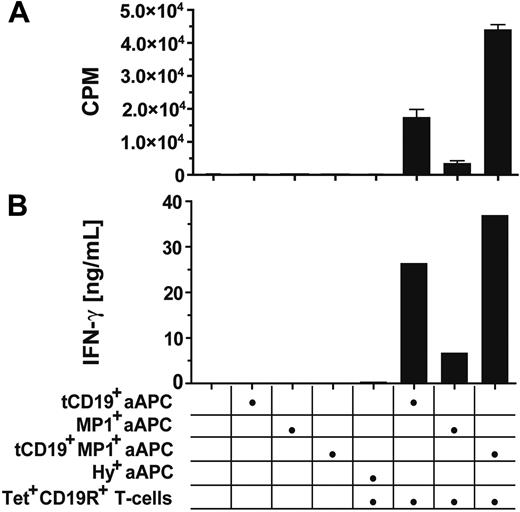 Figure 7. Stimulation of CD19- and MP1-bispecific T cells through introduced and endogenous immunoreceptor results in augmented activation. (A) To measure proliferation, 106 HLA A2+ MP1-tetramer+CD19R+CD8+ T cells were cultured for 96 hours at a 1:1 ratio with irradiated HLA A2+ aAPCs. For the last 18 hours, the cells were pulsed with 3H-thymidine, and the incorporated thymidine was determined using a scintillation counter. Data are presented as mean ± SD. (B) To measure IFN-γ cytokine production, bispecific MP1×CD19 CTLs were cocultured with the aAPCs, and the conditioned tissue-culture supernatant was collected after 48 hours and analyzed using a CBA. The U251T aAPCs were genetically modified to durably express tCD19, HyMP1, tCD19 and HyMP1, or Hy genes.