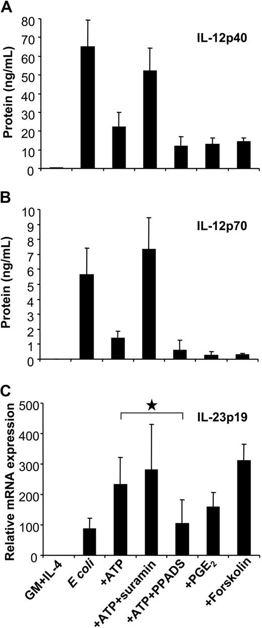 Figure 6. Influence of P2 receptor antagonists and the cAMP pathway on IL-12 and IL-23 expression. MoDCs were left untreated or were stimulated with E coli in the absence or presence of ATP (250 μM). Where indicated, MoDCs were pretreated with suramin or PPADS. To assess the influence of the cAMP pathway on cytokine expression, MoDCs were stimulated in the presence of PGE2 or forskolin. (A) IL-12p40 and (B) IL-12p70 levels were measured by ELISA. (C) IL-23p19 expression was analyzed by RT-qPCR Mean ± SEM of 5 to 7 different experiments are shown. *P = .01.
