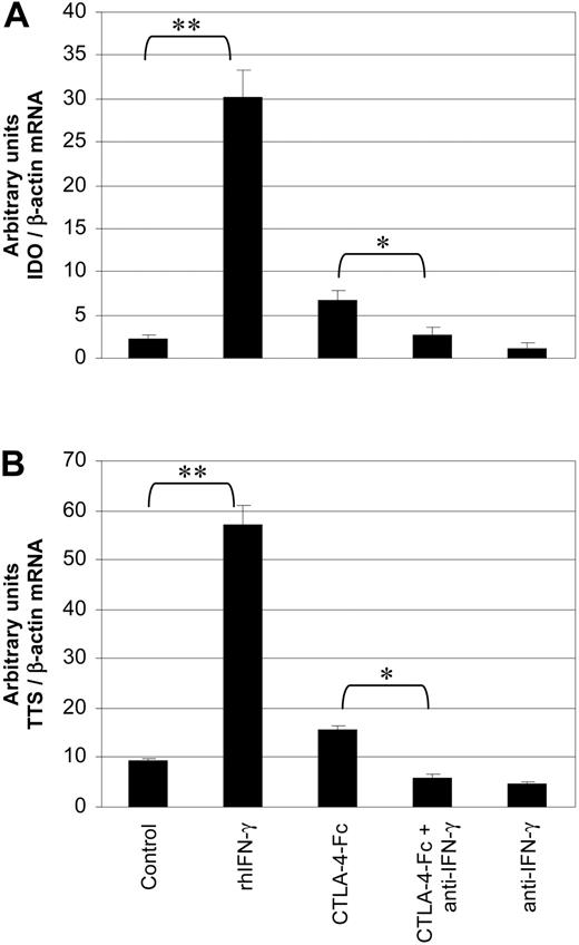 Figure 4. IDO and TTS expression and up-regulation in human PBMCs are dependent on IFN-γ. IDO (A) and TTS (B) mRNA expression in human PBMCs after 12 hours of culture under different conditions: (1) untreated control; (2) rhIFN-γ; (3) CTLA-4-Fc; (4) CTLA-4-Fc plus anti–IFN-γ mAb; and (5) anti–IFN-γ mAb. *P values less than .05 and **P values less than .005 are based on 4 independent experiments. Mean values plus standard errors are shown.