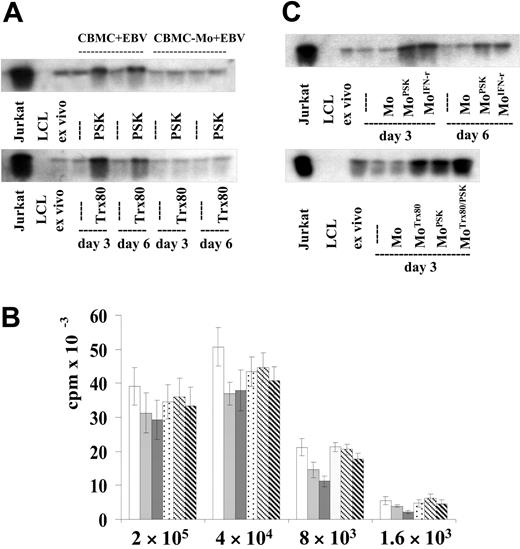 Figure 3. Requirement of monocytes for the effect of PSK and Trx80. In panels A and C, T-cell activation was detected by SAP expression, as in Figure 1. (A) EBV-infected CBMC total and monocyte-depleted populations were cultured with PSK (25 μg/mL) or Trx80 (100 nM) as indicated. Cells from 3- and 6-day-old cultures were tested. The results show 1 of 4 experiments. (B) B-cell outgrowth was determined as in Figure 2. EBV-infected CBMC total and monocyte-depleted populations were cultured with Trx80 or with PSK. The results are shown in the following order: total population without, with Trx80, or with PSK; monocyte-depleted population without, with Trx80, or with PSK. Error bars indicate SD of triplicate cultures. One further experiment showed similar results. (C) Monocyte-depleted CBMCs were infected with EBV. Aliquots of the isolated monocytes were treated for 20 hours with PSK, IFN-γ (500 U/mL), Trx80, or Trx80 + PSK. They were reintroduced to the monocyte-depleted cultures. The results show 1 of 5 experiments.
