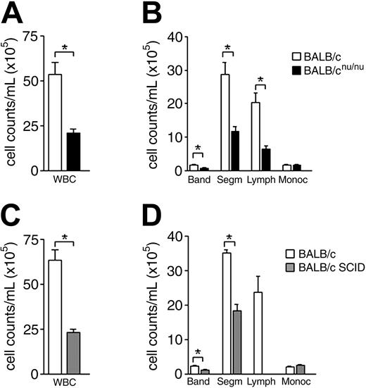 Figure 1. Immunodeficient mice are neutropenic. (A) White blood cell (WBC) counts in normal (□) and nude (▪) mice. (B) Differential cell counts in normal (□) and nude (▪) mice peripheral blood. (C,D) WBC and differential cell counts in normal (□) and SCID (▦) mice peripheral blood. Band neutrophil (Band), segmented neutrophil (Segm), lymphocyte (Lymph), and monocyte (Monoc) counts are shown. Error bars indicate SEM for 15 animals individually analyzed. *P < .001.