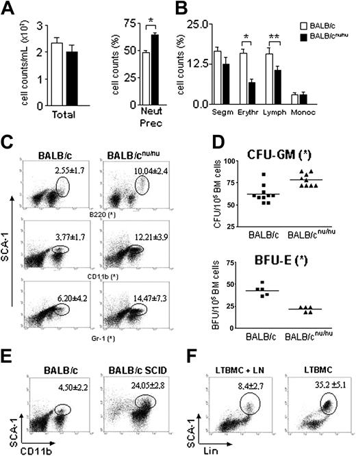 Figure 2. Athymic mice have defective hematopoiesis with accumulation of committed progenitors in the bone marrow. (A) Total and (B) differential cell counts in normal (□) and nude (▪) mice bone marrow. Neutrophils precursor (Neut Prec), segmented neutrophil (Segm), erythroblast (Erythr), lymphocyte (Lymph), and monocyte (Monoc) counts are shown. Error bars mean SEM. (C) Distribution of SCA-1 populations in the bone marrow. BM samples stained with anti–SCA-1 and the individual lineage markers were analyzed by flow cytometry. Gated population represents SCA-1+Lin+ cells and the respective mean ± SD are indicated. (D) Estimation of erythroid (BFU-E) and myeloid progenitors/precursors (CFU-GM) in the bone marrow of control (▪) and nude (▴) mice. All data are representative of 10 to 15 animals individually analyzed, except for BFU-E (n = 5). Horizontal bars indicate the mean. (E) Flow cytometry analysis of control (left) and SCID (right) mice bone marrow. The distribution of SCA-1 populations is shown, and number of SCA-1+Lin+ cells and the respective mean ± SD are indicated (n = 5). (F) LTBMCs were prepared as described in “Materials and methods” and fed weekly with lymph node cells (LTBMC + LN). After 3 weeks of culture, the cells were harvested and stained with anti–SCA-1 and Lin (anti-CD11b + anti-Gr1). Gated population represents SCA-1+Lin+ cells, and the respective mean ± SD are indicated. Dot plots are representative of 2 independent experiments. *P < .001; **P < .03.