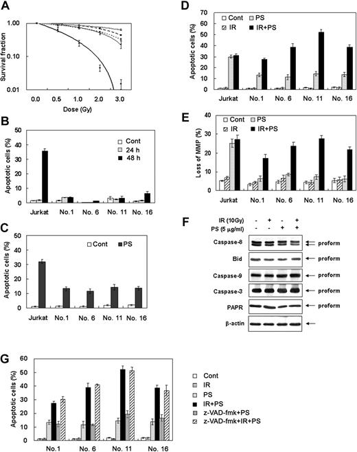 Figure 1. Phytosphingosine in combination with ionizing radiation enhances apoptotic cell death in radiation-resistant cancer cells. (A) Selection of radiation-resistant Jurkat clones. Single cells in limiting dilution condition (0.2 cells/well) were incubated in 96-well plates for 2 months and then individual clones were irradiated with increasing doses of γ-radiation. Cells were allowed to grow on soft agar for 10 to 14 days and were stained with 0.5% crystal violet and scored for colony formation. Results are given as means ± SEM of 3 independent experiments. (B) Individual clones were treated with 10 Gy of γ-radiation and cultured for 24 or 48 hours. Cells were stained with Hoechst 33258, and apoptotic cells were analyzed by fluorescence microscopy. Apoptotic cells containing condensed chromatin fragments were scored and expressed as a percentage of the total cell numbers measured. Results from 3 independent experiments are shown as means ± SEM. IR indicates ionizing radiation. (C) Cross-resistance to the phytosphingosine in radiation-resistant clones. Radiation-resistant Jurkat clones were treated with 5 μg/mL of phytosphingosine. After 3 hours, cells were stained with Hoechst 33258 and apoptotic cells were quantitated by fluorescence microscopy. Results from 3 independent experiments are shown as means ± SEM. ▪ indicates control; □, phytosphingosine. (D) Phytosphingosine sensitizes radiation-resistant Jurkat clones to radiation-induced apoptotic cell death. Radiation-resistant Jurkat clones were treated with 10 Gy of γ-radiation alone, 5 μg/mL of phytosphingosine alone, or combination of γ-radiation (10 Gy) and phytosphingosine (5 μg/mL). After 3 hours, cells were stained with Hoechst 33258 and apoptotic cells were quantitated by fluorescence microscopy. Results from 3 independent experiments are shown as means ± SEM. (E) Mitochondrial transmembrane potential was determined by retention of DioC3(6) added during the last 30 minutes of treatment. After removal of the medium, the amounts of retained DioC3(6) were measured by flow cytometry. (F) Cell lysates of clone no. 6 treated with 10 Gy of γ-radiation and/or 5 μg/mL of phytosphingosine were subjected to Western blot analysis with anti-caspase-8, -Bid, -caspase-9, -caspase-3, and -PARP antibodies. The data represent a typical experiment conducted at least 3 times with similar results. (G) Cells were treated with 10 Gy of γ-radiation and/or 5 μg/mL of phytosphingosine in the presence or absence of 30 μM z-VAD-fmk. After 3 hours, cells were stained with Hoechst 33258, and apoptotic cells were quantitated by fluorescence microscopy. Results from 3 independent experiments are shown as means ± SEM.