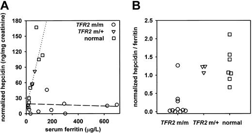 Figure 1. In patients with homozygous TFR2 mutations, urinary hepcidin levels are inappropriately low relative to serum ferritin. Urinary hepcidin was normalized to urinary creatinine concentration (nanograms of hepcidin per milligram of creatinine). TFR2 m/m (○) indicates patients homozygous for the TFR2 mutations; TFR2 m/+ (▿), subjects heterozygous for TFR2 mutations. Healthy patients are indicated by □. (A) Relationship between normalized urinary hepcidin and serum ferritin. Linear regression in healthy subjects is represented by the dotted line and in TFR2 homozygous patients by the dashed line. (B) Ratio of normalized urinary hepcidin to serum ferritin levels.