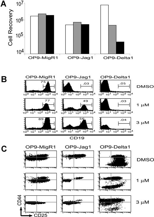 Figure 6. Signals from Jagged1 but not Delta1 are completely blocked by γ-secretase inhibitor X (inhibitor X). DN1 thymocytes were plated at 2000 cells/well on OP9-MigR1, OP9-Jagged1, or OP9-Delta1 in the presence of carrier (0.1% DMSO) or increasing concentrations of inhibitor X. After 12 days coculture, the cells were counted and examined for expression of differentiation markers. (A) Recovery of DN1 thymocytes per well in the presence of carrier alone (□), 1.0 μM (▦), or 3.0 μM (▪) inhibitor X. (B) Inhibition of B-cell development monitored by expression of CD19. (C) Maturation through the DN stages monitored by expression of CD44 and CD25.