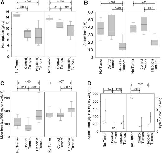 Figure 3. Hepcidin overproduction exacerbates tumor-associated anemia and hypoferremia and prevents mobilization of iron from stores. Mice bearing unmodified, GFP-transfected, or hepcidin-transfected tumors were maintained either on a high- (left graph of each pair) or low-iron (right graph) diet for the duration of the study. (A) Blood hemoglobin concentrations. (B) Serum iron levels. (C-D) Liver and splenic iron content. Box and whisker plots represent median, 25% to 75% range, and 10% to 90% range. (D) Total splenic iron was measured directly (left axis; •) or by semiquantitative grading of the sections stained with Perl Prussian blue (right axis; ○). Plot shows mean and one standard deviation. Significant differences (P < .05) are indicated at the top of each panel.
