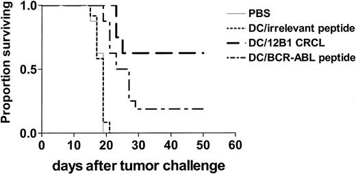 Figure 5. Immunization of mice with 12B1-derived CRCL-loaded DCs provides superior therapeutic effects. BALB/c mice were injected with 3 × 103 12B1 cells subcutaneously in the right groin on day 0. On day 2, mice were immunized with 5 × 105 DCs that had been loaded with 12B1-derived CRCL or indicated peptides as mentioned in “Materials and methods.” Survival of mice was monitored and displayed in the Kaplan-Meier plot (n = 8-16 mice per group; pooled data from 2 experiments are shown). PBS versus DC/CRCL, P < .05; PBS versus DC/BCR-ABL peptide, P < .05; DC/irrelevant peptide versus DC/CRCL, P < .05; DC/irrelevant peptide versus DC/BCR-ABL peptide, P < .05; DC/CRCL versus DC/BCR-ABL, P < .05.