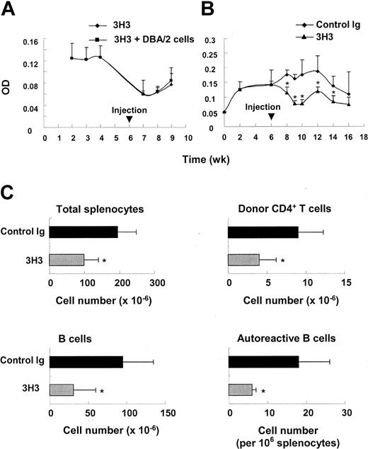 Figure 7. 3H3 treatment reverses advanced cGVHD. (A-B) At 6 weeks after disease induction, cGVHD mice were administered 200 μg 3H3 alone () or infusion of 8 × 107 DBA/2 spleen/lymph node cells (▪) (A). In panel B, one group of cGVHD mice was administered control Ig (), and the other, 3H3 (▴). Autoantibody production was measured from 1 to 2 weeks thereafter. OD values are shown as means ± SD of 10-fold dilution of samples of n = 4-5 per group. *P < .05 between the 2 groups at the indicated times. (C) Control Ig or 3H3 was injected into cGVHD mice 2 weeks after disease induction. Splenocytes were harvested 7 days after antibody treatment, and donor CD4+ T cells and B cells were counted by staining with anti–H-2Kb plus anti-CD4 or anti-B220, respectively. Autoreactive B cells producing anti-DNA IgG1 were counted using ELISPOT. *P < .05 between the 2 groups.
