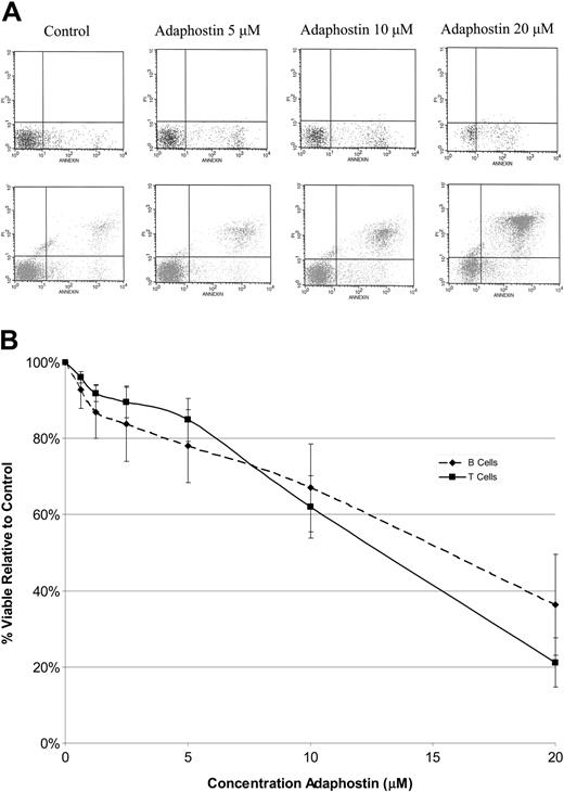 Figure 5. Effect of adaphostin on normal B cells and T cells. (A) Representative dot plots for normal B (top row) and T cells (bottom row) stained with annexin (x-axis) and propidium iodine (y-axis) assessed by flow cytometry for increasing doses of adaphostin. Dots in the lower right quadrants represent early apoptotic cells, and dots in the upper right quadrants represent late apoptotic cells. (B) Mean dose response curve for B () and T cells (▪) from normal controls (n = 3) cultured with increasing doses of adaphostin. Y bars indicate the standard deviation at each dose level.