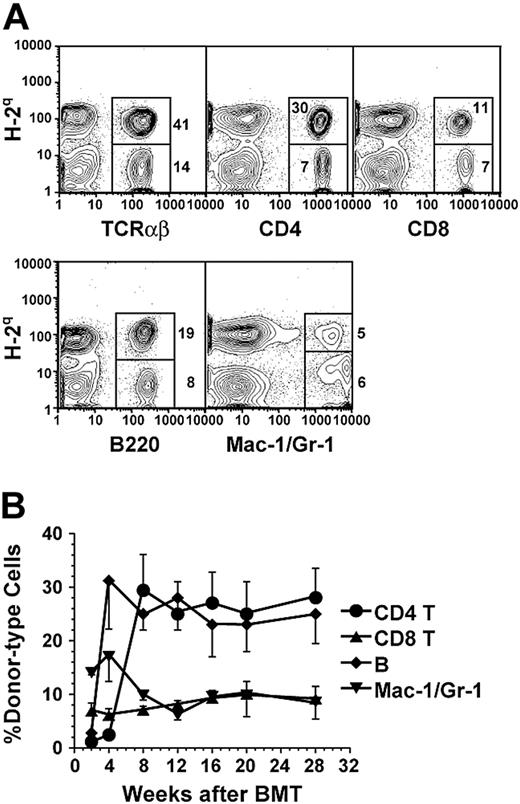 Figure 1. Mixed-chimerism in anti-CD3 mAb preconditioned NOD recipients. (A) Flow cytometric analysis of donor-type (H-2q+) cells including TCRαβ+, CD4+, CD8+, B220+, and Mac-1+/Gr-1+ cells in blood mononuclear cells of anti-CD3–conditioned recipients 10 weeks after BMT. The percentage of H-2q+ donor-type and H-2q- host-type cells are shown beside or in the gating boxes. One representative of 12 recipients is shown. (B) Stable multilineage chimerism in peripheral blood of NOD recipients for more than 28 weeks after BMT. ⬡ indicates CD4+; ▴, CD8+; , B220+; and ▾, Mac-1+/Gr-1+ cells. Values are mean ± SE of 12 recipients combined from 3 experiments (n = 12).