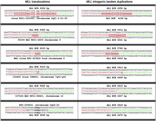Figure 3. Representative etoposide-induced breakpoint sequence junctions. Left panel: representative sequence junctions of translocations of MLL gene to heterologous chromosomes. Red indicates sequence 3′ of the breakpoint junction, and green indicates sequence 5′ of the breakpoint junction. Right panel: representative sequence junctions of MLL PTDs. Underlined red sequences indicate overlapping homology between fusion partners. Bold black numbers indicate insertions. Numbers in brackets correspond to nucleotide lengths of longer insertions or homologies. For instance, in the top clone, a 2.1-kb PTD was produced following an Alu-Alu fusion with 23 bp overlapping homology.