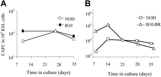 Figure 3. The frequency of the primitive HSCs in the purified KSL populations does not differ in the NOD HSCs compared with HSCs from either B10 or B10.BR mice. CAFC assays were performed in parallel on KSL cells from NOD mice (□) and either C57BL/10 (A, ⬡) or B10.BR (B, ▵) mice. Results are from one representative experiment of 3 (A) and 5 (B) performed. Results are represented as frequency of CAFC/106 purified KSL cells.