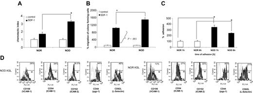 Figure 6. NOD HSCs exhibit enhanced migration to SDF-1 and adhesion to primary stroma. (A) Chemotaxis of NOR and NOD BMCs to SDF-1 gradient (200 ng/mL) compared with control without SDF-1. Data are expressed as percentage increase in migration compared with control (percentage migration without SDF-1 gradient). All experiments were repeated at least 2 times and were performed in quadruplicate (*P < .0001). (B) Number of CFU-GM colonies formed by BMMNCs from NOR or NOD mice after migration to SDF-1 (*P < .001). The number of colonies formed by cells migrating to SDF-1 gradient is shown as percent increase of colonies that were observed in cultures initiated with cells showing chemotaxis to control (no SDF-1) medium (arbitrary assumed to be 100%). (C) Adhesion assay: BM Sca-1+ cells from NOD (▪) or NOR mice (□) were allowed to adhere for 1 or 6 hours to primary BM stroma. Adherent cells were then placed in methylcellulose cultures and stimulated to grow CFU-GM colonies (mrIL-3 + mrGM-CSF) that were counted 7 days later. Data represent 2 experiments performed in triplicate (*P = .005). (D) Adhesion molecule expression on NOD versus NOR KSL cells. Whole BM cells from NOD and NOR mice were stained for KSL cells and either adhesion molecule using mAbs against CD106, CD54, CD102, CD44, or CD62L FITC-labeled or the appropriate isotype control Abs. Data show the overlay of the different adhesion molecules (black) and the isotype control (gray). One representative experiment of 2 performed.