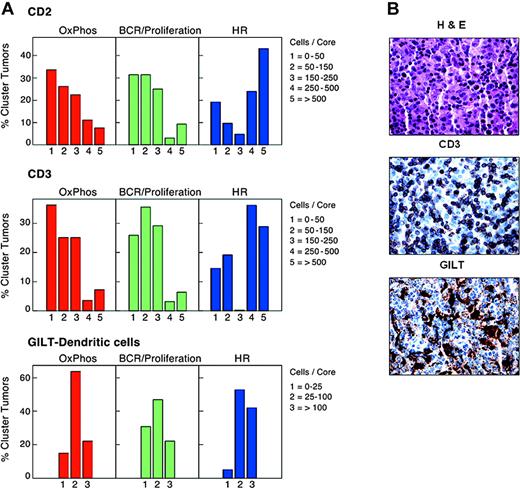 Figure 2. T- and dendritic cell infiltrates in study DLBCLs. (A) Numbers of normal infiltrating CD2+ and CD3+ cells and GILT-positive dendritic cells in primary DLBCLs in each cluster. HR tumors included significantly higher numbers of CD2+ and CD3+ T cells than DLBCLs in the other clusters (P = .005 and P = .003, respectively; Kruskal-Wallis exact test). HR tumors also contained higher numbers of GILT+ dendritic cells (P = .06, Kruskal-Wallis exact test). (B) Hematoxylin and eosin staining and CD3 and GILT immunostaining of a representative HR tumor.