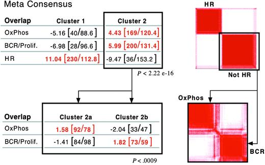 Figure 3. Validation of DLBCL consensus clusters in an independent dataset. Application of consensus clustering and meta-consensus (as in Figure 1B) to the independent DLBCL series (top right panel). One of the identified consensus clusters was highly enriched for HR transcripts (P < 2.2 × 10–16, top left panel). Application of consensus clustering and meta-consensus to the non-HR cluster (bottom right panel). The non-HR tumors sorted into 2 discrete clusters with highly significant enrichment for either BCR/proliferation or OxPhos transcripts (P = < .0009, bottom left panel).