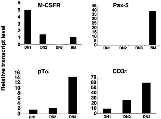 Figure 6. Real-time PCR analysis of gene transcripts in thymocyte subpopulations. Relative expression levels of indicated transcripts from the specified cell populations. For M-CSFR and Pax-5, cDNA from sorted CD117+B220+ BM cells was used as amplification control.