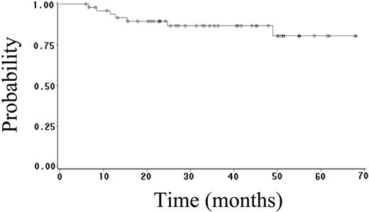 Figure 3. DFS of 52 CR patients with HIV-NHL treated with R-CDE.