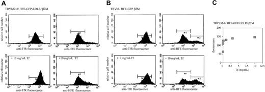Figure 1. Tf competes with HFE for binding to TfR1. Cells were incubated in the presence or absence of 10 mg/mL (∼ 125 μM) Tf and subjected to flow cytometry analysis as described in “Materials and methods,” using antibodies to detect TfR1 and HFE in separate experiments. (A) Increase in cell-surface TfR1 but not HFE in TRVb32-8/HFE-GFP-LDLR/β2M cells incubated with Tf. TRVb32-8 cells express a form of TfR1 lacking the endocytic signal, so internalization of this mutant TfR1 is dependent on interaction with HFE-GFP-LDLR, in which the cytoplasmic domain of LDLR mediates constitutive endocytosis. (B) Increase in cell-surface HFE but not TfR1 in TRVb1/HFE-GFP/β2M cells incubated with Tf. (C) Concentration dependence of the change in cell surface TfR1 in TRVb32-8/HFE-GFP-LDLR/β2M cells incubated with Tf. Cells were incubated in complete medium containing 0, 0.001, 0.01, 0.1, 1, 3, or 10 mg/mL diferric Tf, and cell surface TfR1 was measured by flow cytometry (the values for 0.001 and 0.01 were nearly identical and appear as a single point in this particular experiment). These experiments were repeated 3 times using 3 different clones for each cell line with similar results.