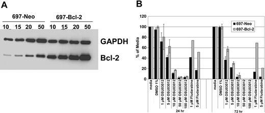 Figure 6. Bcl-2 overexpression in the 697 cell lines does not protect against OSU03012-mediated cytotoxicity. (A) Bcl-2 expression does not protect against OSU03012-mediated cytotoxicity. To show Bcl-2 overexpression in 697 Bcl-2 stably transfected cell line increasing amounts of protein cell lysates from 697-Neo and 697–Bcl-2 cells lines were probed for Bcl-2 and GAPDH (loading control). (B) 697-Neo (▪) and 697 cell lines (▦) were incubated with increasing doses of OSU03012 for 4, 24, and 72 hours. MTT reagent was then added, and plates were incubated for an additional 24 hours before analysis. Error bars indicate standard deviation from the mean.