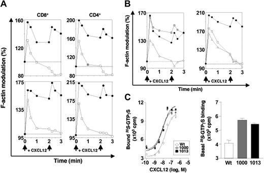 Figure 4. Impaired desensitization of truncated CXCR4m receptors. (A) CXCL12-triggered actin polymerization in CD8+-gated (left panels) and CD4+-gated (right panels) T cells from WHIM1013 patients P1 (top row, •) and P2 (bottom row, •) or from healthy donors (□). (B) Kinetics of CXCL12-triggered actin polymerization in A0.01 T cells (left panel) or in CD4+-gated T lymphocytes (right panel) nontransduced (NT) or transduced with the indicated CXCR4 variants (▵, CXCR4wt; ▦, CXCR41000; •, CXCR41013; □, NT). (A-B) Data are representative of 3 independent experiments. (C) GTPγS binding assays to membranes from HEK-293T cells expressing at similar levels CXCR4wt (left panel, ○; right panel, □), CXCR41000 (left panel, ; right panel, ▦), or CXCR41013 (▪) (geometric MFI for the aforementioned receptors were 11.2, 12.3, and 10.5, respectively). Membranes were treated with the indicated concentrations of CXCL12 (left panel) or left untreated (right panel). Data are mean ± SEM of triplicate determinations. Deduced EC50 values of the experiment of 3 independent determinations were 17 nM for CXCR4wt, 7 nM for CXCR41000, and 9 nM for CXCR41013.