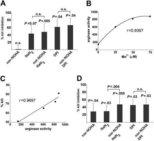 Figure 7. The fungicidal activity of human PMNs against C albicans is partially due to manganese-dependent activity of arginase I. (A) When manganese is limiting (RPMI medium 1640 with 10% serum) arginase does not contribute to the fungicidal activity of human PMNs against C albicans. Human PMNs were cocultured for 1 hour with a wild-type strain of C albicans. The viability of C albicans after phagocytosis was monitored with the XTT assay in 7 independent experiments. PMN arginase was inhibited by preincubation with nor-NOHA (200 μM) and PMN MPO with sodium azide (NaN3;1 μM) in 7 independent experiments, whereas in 3 separate experiments NADPH oxidase was blocked with DPI (20 μM). To allow for comparison between individual experiments, the percentage of kill inhibition (compared to the viability of C albicans after phagocytosis without the use of inhibitors) is shown. The inhibition of fungicidal activity was statistically significant with the indicated P values, analyzed with the 2-tailed Student t test. n.s. indicates not significant. (B) Arginase activity in human PMNs depends on the manganese concentration present during phagocytosis of C albicans. Experimental set-up was as in panel A. During phagocytosis increasing concentrations of exogenously added MnCl2 were present. Arginase activity was determined in lysates of PMN–C albicans coincubations after 1 hour. The generation of reactive oxygen intermediates was inhibited by the presence of 1 μM NaN3 during phagocytosis. No exogenous manganese was added during the enzymatic assay (“native arginase activity”). One representative example of 4 independent experiments is shown; r is correlation coefficient. (C) Fungicidal activity of human PMNs against C albicans correlates with PMN arginase activity. The representative experiment is the same as in panel B. The percentage of C albicans kill (% kill after 1 hour of coincubation compared to the viability of C albicans alone) is shown in correlation to the different PMN arginase activities induced by manganese as demonstrated in panel B. (D) On manganese supplementation (RPMI medium 1640 with 10% serum + 50 μM MnCl2) arginase does participate in the fungicidal activity of human PMNs against C albicans. Experimental set-up and statistical analysis is as in panel A. Error bars in panels A and D indicate standard deviation. Curves in panels B and C are regression lines.