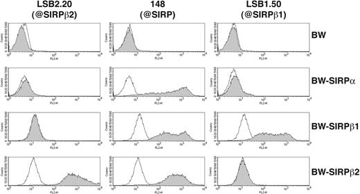 Figure 1. Specificity of anti-SIRP mAbs. Staining of BW and BW-SIRPβ2, BW-SIRPα, BW-SIRPβ1 transfectants (gray profiles) with mAbs LSB2.20 (anti-SIRPβ2, left column), 148 (anti-pan SIRP, middle column), and LSB1.50 (anti-SIRPβ1, right column). Primary antibodies were detected with a PE-conjugated goat antimouse antibody. Thin solid lines represent background staining with mouse control IgG and secondary antibody.