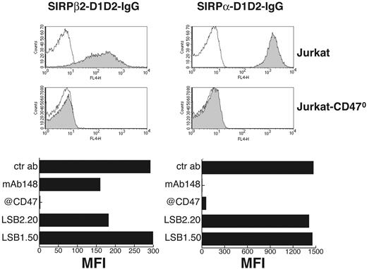 Figure 5. Soluble SIRPβ2 specifically binds cells expressing CD47. Gray profiles represent binding of SIRPβ2-D1D2-IgG (left column) or SIRPα-D1D2-IgG (right column) to Jurkat (top row) and Jurkat-CD470 (middle row). Thin solid lines indicate background staining of Jurkat and Jurkat-CD470. (Bottom row) Bar graphs represent binding of SIRPβ2-D1D2-IgG (left panel) or SIRPα-D1D2-IgG (right panel) to Jurkat in the presence of mAbs against CD47 (maximal inhibition), SIRPα (148), SIRPβ2 (LSB2.20; partial inhibition), SIRPβ1 (LSB1.50), and control mAb (no inhibition). Bar graphs presented here represent one of 4 independent experiments with similar results. MFI indicates mean fluorescence intensity.