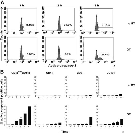 Figure 5. GT preferentially induces apoptosis in monocytes. PBMCs from 7 healthy donors were analyzed by flow cytometry for caspase-3 activation at 30 minutes, 1, 2, 3, 4, and 6 hours after addition of GT (35 ng/mL). Panel A shows a typical histogram plot of caspase-3 expression in monocytes. Cells incubated without GT (top row) showed only low levels of caspase-3 expression, while incubation with GT (bottom row) substantially increased caspase-3 induction in a time-dependent fashion. By 2 and 3 hours, respectively, 6.1% and 27.4% of monocytes expressed active caspase-3. Panel B illustrates caspase-3 expression within monocyte and lymphocyte subsets. After 2 hours of incubation with 35 ng/mL GT (bottom row), monocytes (CD4+dimCD14+) a mean of 11.4% of cells expressed active caspase-3. CD4+ T cells, CD8+ T cells, and CD19+ B lymphocytes showed lower frequencies at the same time point (0.64%, 1.13%, and 2.0%, respectively). The frequency of active caspase-3–positive cells increased progressively. By 6 hours, 59.2% of monocytes, 7.1% of CD4+, 25.4% of CD8+, and 18.7% of CD19+ lymphocytes expressed caspase-3. In the absence of GT (top row), caspase-3 activity was detectable only after 4 hours, with relative fractions always below 5%. Error bars indicate SEM.