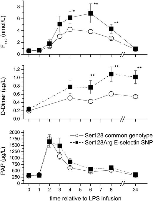 Figure 2. The S128R E-selectin genotype enhances LPS-induced activation of coagulation. Healthy male volunteers (n = 157) received an intravenous infusion of 2 ng/kg LPS. The polymorphism (▪) enhanced thrombin generation by 50% to 80% as measured by prothrombin fragment F1+2 levels (top), and increased fibrin generation 2-fold as measured by D-dimer levels (middle), but had no significant effect on fibrinolysis as measured by plasmin antiplasmin (PAP) complexes (bottom). □ indicates Ser128 common genotype. Data are mean plus or minus SEM; *P < .05, **P < .01 between genotypes.