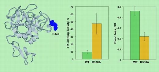 On the left, F.IX structure derived from 1RFN PDB (Protein Data Bank) entry. Residue R338 (spacefilling) was mutated to A for gene transfer. On the right, F.IX clotting activity and blood loss in a tailclipping assay 4 weeks after delivery of AAV-wild type F.IX or AAV-R338A F.IX to hemophilia B mice. Activity is reported as percentage of normal mice. OD indicates absorbance of hemoglobin in the saline solution in which the tail was placed.