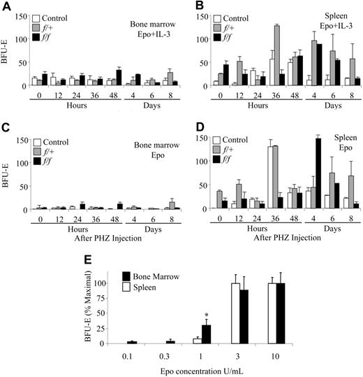Figure 1. Analysis of BFU-E expansion during the recovery from PHZ-induced acute hemolytic anemia. (A) Bone marrow and (B) spleen BFU-Es from C57BL/6-f/f (▪), C57BL/6-f/+ (▦), and C57BL/6-+/+ control mice (□) during the recovery from PHZ-induced acute anemia. Cells were plated in methylcellulose media containing Epo (3 U/mL) and IL-3 (10 ng/mL). (C) Bone marrow and (D) spleen BFU-Es from C57BL/6-f/f, C57BL/6-f/+, and C57BL/6-+/+ control mice during the recovery from PHZ-induced acute anemia. Cells were plated in methylcellulose media containing only Epo (3 U/mL). (E) Sensitivity of bone marrow and spleen BFU-Es to Epo. A total of 5 × 105 bone marrow or spleen cells were plated in methylcellulose media containing the indicated concentrations of Epo plus 50 ng/mL SCF (bone marrow, ▪) or 15 ng/mL BMP4 (spleen, □). The asterisk indicates P = .02. Error bars represent standard deviation.