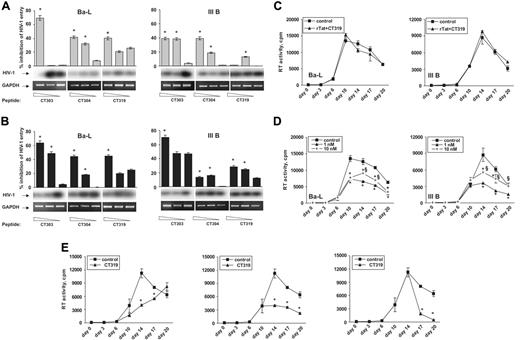 Figure 6. Glycoprotein 120–mimic peptides inhibit HIV-1 entry and spreading. (A) Inhibition of basal infection by gp120-mimic peptides. PBMCs were infected with either IIIB(F = 268.78; *P ≤ .05 versus the lowest concentration of each peptide) or Ba-L (F = 175.54; *P ≤ .05). (B) Inhibition of Tat-promoted infection by gp120-mimic peptides. PBMCs were treated with rTat and infected with III B (F = 156.73; P ≤ .05) or Ba-L (F = 160.73; P ≤ .05). In panels A and B, percent inhibition of virus entry was evaluated as described in the legend to Figure 4A, compared with respective control infections; peptide concentrations were as follows: CT303 and CT304, 100 to 50 to 10 μM; CT319, 1 μM to 100 to 10 nM. (C) CT319 reverts Tat-induced spreading of the infection. PBMCs were infected with either III B or Ba-L in presence of rTat (as shown in Figure 4) and 1 nM CT319 (▴) or GACVRLSACGA control peptide (▪). (D) CT319 exhibits a dose-dependent inhibitory effect on HIV-1 spreading. PBMCs were infected with III B or Ba-L and treated every 72 hours with the indicated amounts of CT319 (▴, 1 nM; +, 10 nM) or with 10 nM GACVRLSACGA control peptide (▪; III B, F = 124.3; Ba-L, F = 418.6; *P ≤ .005 within CT319-treated and control cells, §P ≤ .005 versus the lowest peptide concentration tested). (E) Single peptide administrations have different outcomes on the spreading of the infection. PBMCs were infected with III B, and 1 nM CT319 (▴) or GACVRLSACGA control peptide (▪) was administered at the indicated time points (III B, F = 219.8; Ba-L, F = 818.2; *P ≤ .005 within CT319-treated and control cells). Similar results were obtained for Ba-L infection. Each value indicates mean ± SD of 3 experiments performed in triplicate.