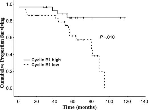 Figure 2. Prognostic significance of CCNB1 expression in follicular lymphomas. Cause-specific survival depending on expression of probe set 34736_at. Patients were divided in groups (cyclin B-high, solid line; cyclin B-low, dashed line) by the median expression of CCNB1. Difference in survival was calculated with log-rank test.