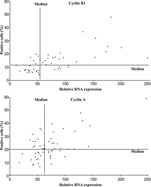 Figure 3. Correlation between RNA and protein expression of cyclin B1 and cyclin A in follicular lymphomas. RNA expression for CCNB1 was measured by probe set 34736_at and for CCNA2 by probe set 1943_at. The percentages of cyclin B1-positive cells (top) and cyclin A-positive cells (bottom) with immunohistochemistry were calculated with the hot-spot method (see “Patients, materials, and methods”). Correlation coefficient between RNA and protein for cyclin B1 was 0.67 (P value, 1 × 10-7) and for cyclin A, 0.63 (P value, 2 × 10-7).