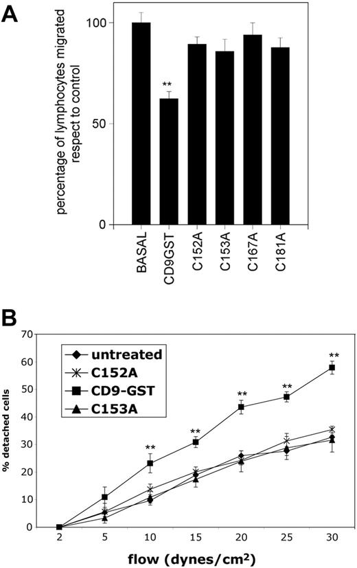Figure 5. CD9-LEL-GST inhibits leukocyte transendothelial migration and promotes cell detachment under flow. (A) CD9-LEL-GST peptide inhibits transendothelial lymphoid migration in Transwells. HUVEC monolayers were activated with TNF-α alone or in combination with the different LEL-GST peptides. Then, human PBLs were added to the upper compartment and allowed to migrate for 5 to 7 hours. Cell migration was analyzed by flow cytometry and represented as the mean ±SEM with respect to control untreated monolayers, of 4 independent experiments performed in duplicate. **P < .005 in a Student t test. (B) Preincubation with CD9 LEL-GST fusion protein augments detachment under flow conditions. The percentage of detachment of PBLs was analyzed in 8 to 10 fields under increasing flow rates and represented as the mean ±SEM. indicates untreated cells; ×, C152A; ▪, CD9-GST; and ▴, C153A. **P < .005 in a Student t test.