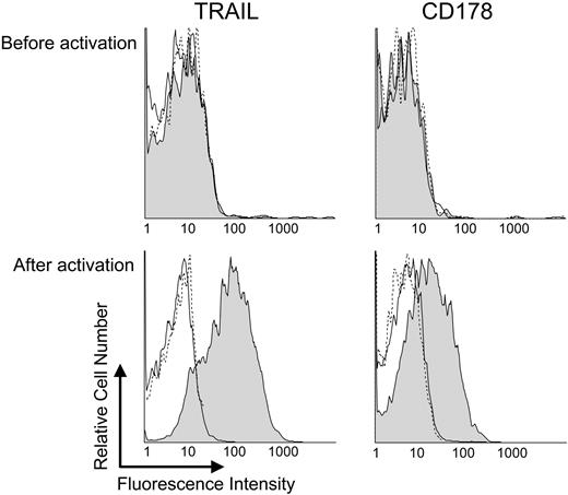 Figure 3. Activated T cells from patients with CLL express CD178 and TRAIL. CD4+ T cells from patients with CLL were isolated and activated as described in “Materials and methods.” Surface expression of TRAIL or CD178 on CD4+ T cells was analyzed before (top row) or after (bottom row) CD3/CD28 activation. (C) The shaded histograms represent TRAIL (left column) or CD178 (right column) expression. Isotype-matched controls mAb staining are given as solid lines, whereas autofluorescence is provided as dashed lines.