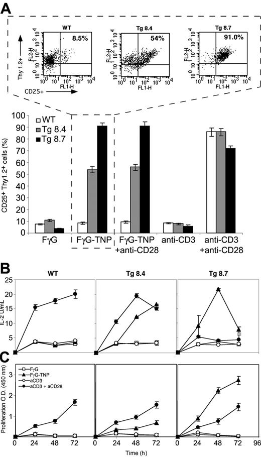 Figure 3. Plastic-immobilized antigen induces full activation of unprimed T cells. (A) Purified splenic T cells were cultured for 3 days in plates coated with either FγG, FγG-TNP, anti-CD3, or both anti-CD3 and anti-CD28 mAbs. As in Figure 2, cells were costained for Thy1.2 and CD25 expression to evaluate the IL-2Rα expression on T cells as a measure for activation. □ represents WT; ▦, Tg 8.4; and ▪, Tg 8.7. (B) Kinetics of IL-2 production in supernatants of purified splenic T cells, stimulated as described. (C) Proliferation of the same cultures assessed by the XTT assay. Results represent 4 separate experiments with 3 mice/group. (B-C) □ indicates FγG; ▴, FγG-TNP; ○, anti-CD3;.and •, both anti-CD3 and anti-CD28 mAbs. The percentage in the dot plot represents the fraction of lymphocytes that score positive for both Thy1.2 and CD25+. The error bars represent the standard deviation of triplicates.
