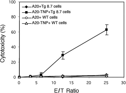Figure 6. Cytolytic activity mediated by TPCR-redirected transgenic cells. Cytotoxicity of purified T cells from Tg8.7 and WT mice as effectors (E) was assayed using TNP-modified A20 cells as targets (T) at the indicated E/T ratios. Lysis was determined after incubation for 6 hours at 37°C using the LDH kit as described in “Materials and methods.” ♦ indicates A20 plus Tg 8.7 cells; ▪, A20-TNP plus Tg 8.7; ○, A20 plus WT; and ▵, A20-TNP plus WT. Error bars represent the standard deviation of replicates.