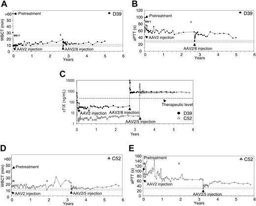Figure 2. Long-term expression of functional cFIX after second administration of AAV2/8 or AAV2/5 vectors in AAV2-pretreated hemophilia B dogs. Hemophilia B dog D39 (•) was initially injected intraportally with AAV2 LSP-cFIX-W at a dose of 2.8 × 1012 GC/kg, and 995 days after the first injection, the dog received a second intraportal injection with AAV2/8 LSP-cFIX-W vector at a dose of 5 × 1012 GC/kg. Hemophilia B dog C52 (▵) received a first intraportal injection of AAV2 LSP-cFIX at a dose of 2.8 × 1011 GC/kg; 1180 days after the first injection, the dog received a second intraportal injection with AAV2/5 LSP-cFIX-W vector at a dose of 2.3 × 1013 GC/kg. (A,D) WBCT; normal range is 8 to 12 minutes as indicated by the shaded area; before the first vector injection, WBCT for D39 was more than 60 minutes and for C52 it was 42 minutes. Open arrows indicate the spontaneous bleeding episodes that required plasma infusion. (B,E) aPTT; shaded area indicates the normal range, which is 24 to 32 seconds; before treatment, aPTTs for D39 and C52 were 97.8 seconds and 97.7 seconds, respectively. The reduction of aPTT after vector readministration in both dogs was significant (P ≤ .001, ANOVA). Open arrows indicate the spontaneous bleeding episodes that required plasma infusion. (C) Plasma cFIX antigen levels; dotted line indicates the therapeutic level, which is 250 ng/mL.