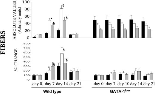 Figure 6. Quantification of fibrosis in wild-type and GATA-1low animals killed at different time points after TPO treatment. Fibers were measured in arbitrary units as described in “Materials and methods” from stained sections similar to those presented in Figure 2, and the data are presented either in absolute values (top) or as mean (SD) percent change, compared with values recorded from untreated controls (bottom). The mean number of fiber intersections (SD/cm) was calculated from values obtained at least on 3 different sections per organ per mouse. At least 3 to 4 mice were analyzed per each experimental point. Values statistically significant from those of untreated animals are indicated: * indicates P < .05; §, P < .01.