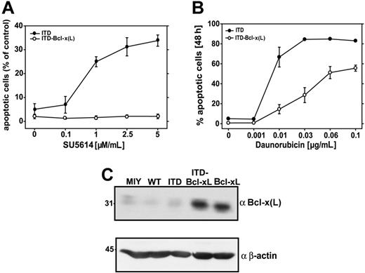 Figure 5. The expression of Bcl-x(L) in FLT3-ITD mutants restores the SU5614- and daunorubicin-resistant phenotype in Ba/F3 cells. Ba/F3 cells transduced with the FLT3-ITD (▪) or FLT3-ITD and Bcl-x(L) constructs (○) were incubated with different concentrations of SU5614 (A) or daunorubicin (B) for 24 hours and were analyzed by flow cytometry after staining with annexin V-PE and 7-AAD. Values represent mean and standard deviation from 3 independent experiments. (C) Bcl-x(L) expression in cells transduced with empty vector, FLT3-WT, FLT3-ITD, FLT3-ITD and Bcl-x(L), or Bcl-x(L) was determined by Western blot analysis. Identical protein loading in all lanes was confirmed by immunoblotting using an anti–β-actin antibody.
