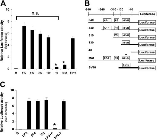 Figure 4. Activation of the E-selectin promoter by PF4. Plasmids containing either the full-length (-840) E-selectin promoter or variants (B) driving expression of luciferase were transfected into HUVECs. (A) HUVECs were incubated in the absence or presence of PF4 (20 μg/mL) for 4 hours prior to measurement of luciferase activity. Data are expressed as fold increase in the presence of PF4 compared to buffer alone and are the mean ± SEM of 3 independent experiments performed in triplicate; n.s. indicates lack of statistical significance by 2-tailed t test (P > .05); asterisk, statistical significance compared to the full-length (840) promoter (P < .001); B, promoterless luciferase activity; Luc, luciferase coding sequence; E-selectin and SV40 indicate the promoters present. (B) Schematic diagram depicting promoter construct used in these experiments. The 5′ promoter region of the E-selectin gene is depicted (top). Consensus binding sites for AP-1 and NF-κB are shown as well as a palindromic site (PS) thought to be important for E-selectin expression. (C) Polymyxin B inhibition of LPS (100 ng/mL), but not PF4 (20 μg/mL), demonstrates that PF4 is not contaminated with LPS. P indicates polymyxin B treatment. Ability of platelet releasate to activate the E-selectin promoter is also shown (Plt). Data are mean ± SEM of 3 independent experiments performed in triplicate.