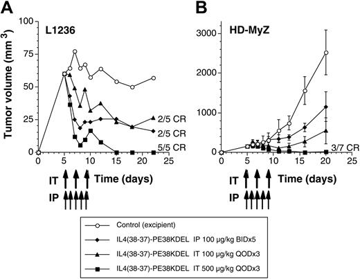 Figure 3. IL-4 cytotoxin mediates tumor regression of subcutaneous Hodgkin lymphoma. Beige/nude/X-linked BR immunodeficient (NIH-III) mice receiving subcutaneous injections of 5 × 106 L1236 (A) or HD-MyZ (B) cells at day 0 were treated with IL438-37-PE38KDEL by intraperitoneal (IP) (twice a day for 5 days; ) or intratumoral (IT) routes (once a day on alternate days; total of 3 injections) as indicated by arrows (▴, 100 μg/kg; ▪, 500 μg/kg). Control mice are indicated by ○. Tumors were measured with a Vernier caliper, and tumor volume was calculated as described in “Materials and methods.” Each group consisted of 5 to 7 mice, and tumor volumes shown are mean ± SD. Experiments were repeated 2 times in the L1236 tumor model and 4 times in the HD-MyZ tumor model.