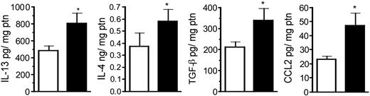 Figure 2. Whole-lung IL-13, IL-4, TGF-β, and CCL2 levels in sham- and CLP-operated mice at day 15 after surgery. Whole-lung samples were collected at day 15 and homogenized, and cell-free supernatant was analyzed by specific ELISA. The data (expressed as mean ± SEM) shown are representative of 2 separate experiments, and each group contained 6 to 7 mice. *P < .05 between sham (□) and CLP (▪) groups.