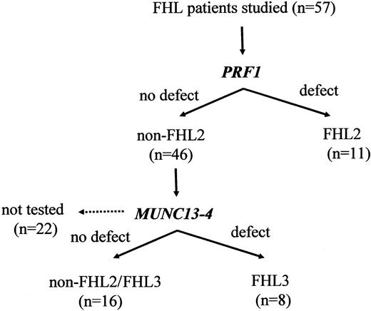 Figure 1. Classification of the FHL subtypes. PRF1 mutations were initially classified in the 57 patients who fulfilled the diagnostic criteria of FHL. When perforin expression was positive or a PRF1 mutation was absent, the samples were analyzed for a MUNC13-4 mutations. The results allowed the FHL patients to be classified into 3 subtypes: FHL2 (n = 11), FHL3 (n = 8), and non-FHL2/FHL3 (n = 16).
