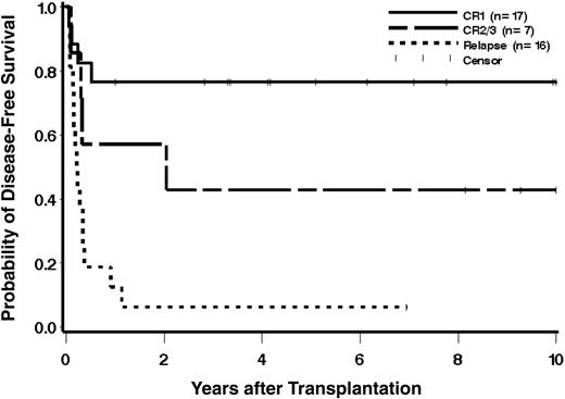 Figure 2. Cumulative incidence estimates of the probability of disease-free survival according to phase of disease at transplantation. Patients alive without relapse beyond 10 years (at 13.5 and 17.0 years) and 1 patient who received a transplant in CR 2/3 alive without relapse beyond 10 years (at 11.6 years) are indicated as censored observations at 10 years.