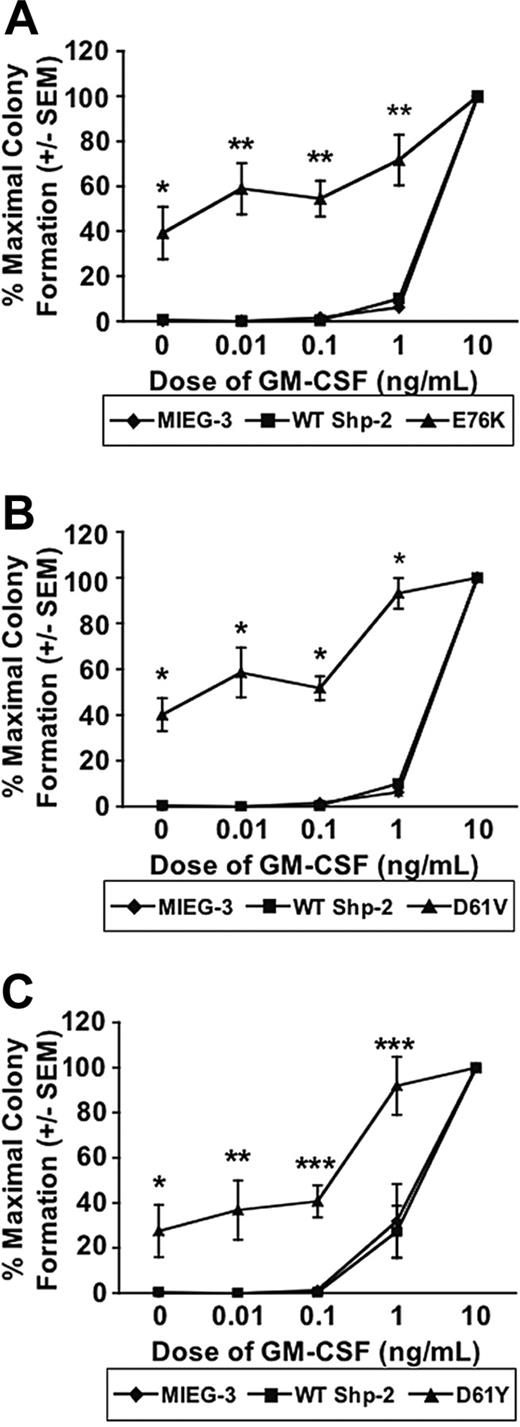 Figure 2. PTPN11 mutants E76K, D61V, and D61Y induce hematopoietic progenitor hypersensitivity to GM-CSF. Transduced EGFP+ cells were plated in CFU-GM progenitor assays in duplicate in 3 independent experiments. The data are represented as a percentage of maximal colony formation, which is calculated by dividing the number of colonies at each dose by the number of colonies at the maximal GM-CSF concentration (10 ng/mL). Error bars indicate standard error of the mean. Statistical analysis was conducted using random-effects ANOVA to deal with repeated measurements from duplicate plates. (A) E76K vs MIEG3 and WT; *P = .0014 for E76K vs MIEG3 and *P = .0015 for E76K vs WT; **P < .0001 for E76K vs MIEG3 or WT. (B) D61V vs MIEG3 and WT; *P < .0001 for D61V vs MIEG3 or WT. (C) D61Y vs MIEG3 and WT; *P = .0179 for D61Y vs MIEG3 and *P = .02 for D61Y vs WT; **P = .0058 for D61Y vs MIEG3 or WT; ***P < .0001 for D61Y vs MIEG3 or WT.