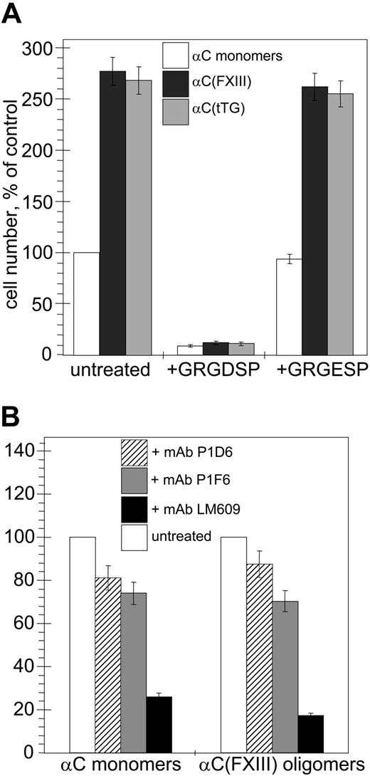Figure 2. Oligomerization of the αC domains stimulates RGD-dependent adhesion of endothelial cells via αVβ3, αVβ5, and α5β1 integrins. Quantitative adhesion assays were performed with 5 × 104 HUVECs plated in serum-free DMEM for 20 minutes at 37°C on plastic wells coated with 20 μg/mL αC monomers, αC(FXIII) oligomers, or αC(tTG) oligomers. (A) Effects of oligomerization and RGD-containing peptide on cell adhesion to the αC domain species (□, αC monomers; ▪, αC(FXIII); ▦, αC(tTG)). Cells were plated without treatment or in the presence of 250 μg/mL GRGDSP or control GRGESP peptides. The number of untreated adherent cells on αC monomers was taken as 100%. (B) The role of individual integrins in adhesion to αC monomers and oligomers. Cells were plated without treatment or in the presence of 20 μg/mL blocking antibodies to α5β1 (mAb P1D6; ▨), αVβ5 (mAb P1F6; ▦), or αVβ3 (mAb LM609; ▪). The numbers of untreated cells (□) adherent to αC monomers or αC(FXIII) oligomers were taken as 100%. The results shown in both panels are the means ± standard deviations of 3 independent experiments performed in duplicates.